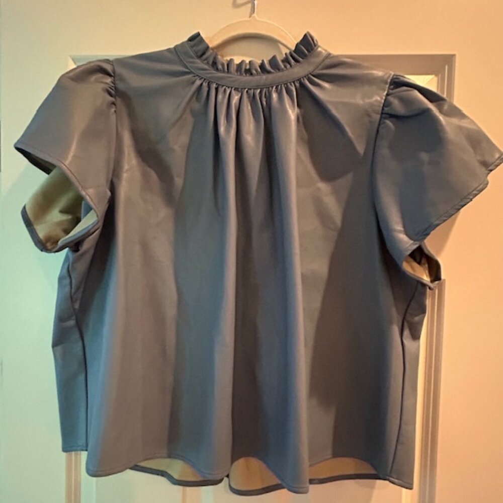 THML Tell Me About It Blue Faux Leather Flutter Sleeve Top Size L